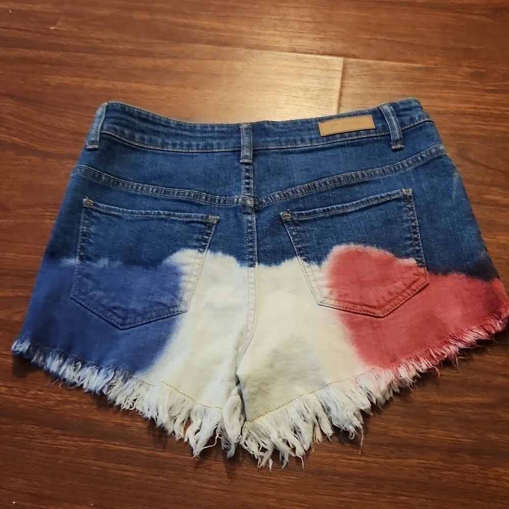 CP Shorts Womens Senim Jean Button Up Size 7 Juniors Fray Red White Blue Denim